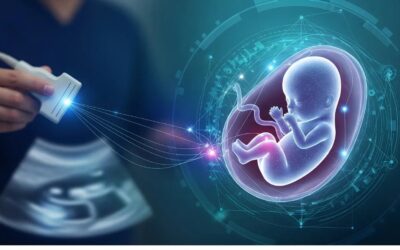 Ultrasound technician using a 3D ultrasound device to visualize a developing fetus, highlighting advanced imaging technology for prenatal care and gender determination.