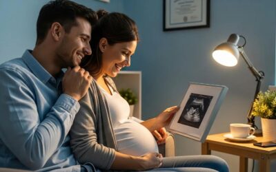 Couple joyfully examining ultrasound image of their baby, highlighting the emotional experience of gender determination during pregnancy.