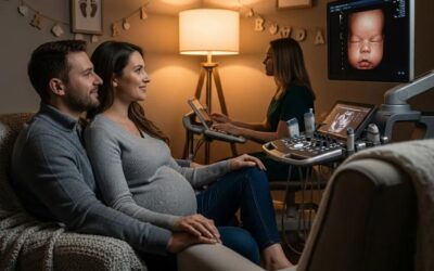 Expectant couple viewing 3D ultrasound image in cozy studio with ultrasound technician, capturing precious moments of their baby's journey at 4D Moments in Kalamazoo, MI.