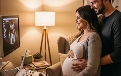 Expectant couple viewing a 3D ultrasound image of their baby in a cozy clinic setting, highlighting prenatal bonding and ultrasound services.