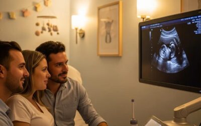 Expectant couple viewing high-definition ultrasound image of their baby in a cozy clinic setting, emphasizing the emotional bonding experience during prenatal care.