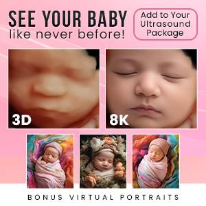 3D and 8K ultrasound images of a baby with a promotional message for 4D Moments, highlighting virtual portrait options and the experience of seeing the baby in detail.